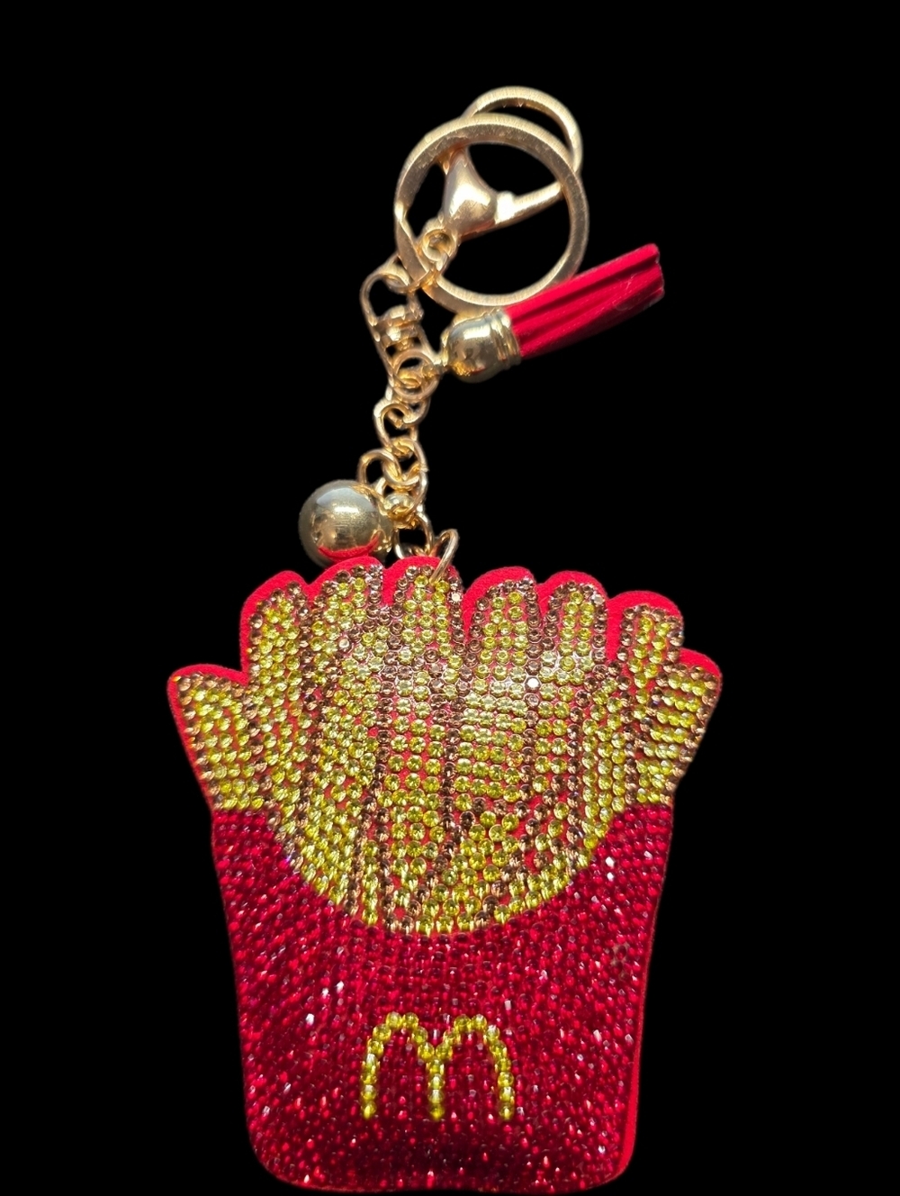 Red Rhinestone McDonalds French Fry Bag Charm Keychain with Gold Accents